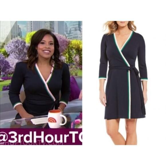 Eliza J Contrast Trim Surplice V-Neck Wrap blue Dress,‎ size 8 - Picture 1 of 16